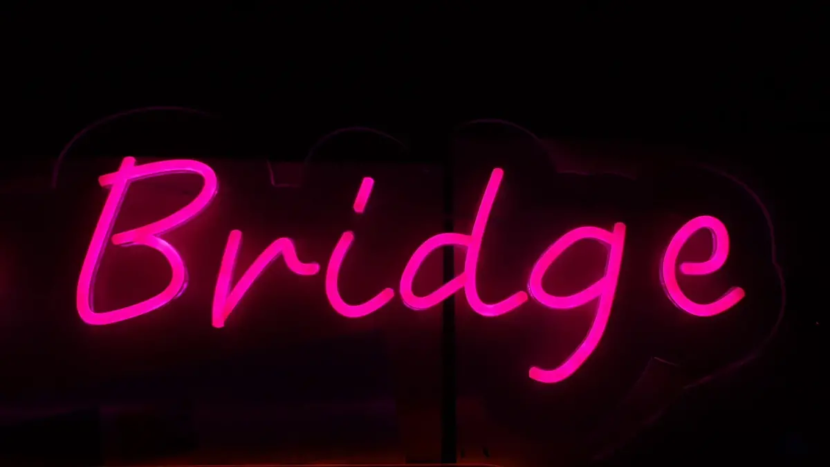 엑스포네온사인 핫핑크색 손글씨 스타일의 Bridge와 Expo 영문 문구