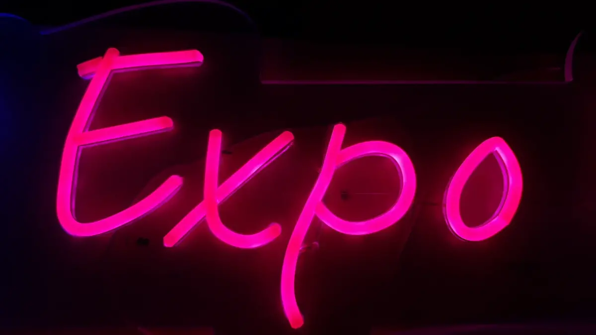 엑스포네온사인 핑크색 노란색 청색의 Bridge Expo Delia light 영문 문구