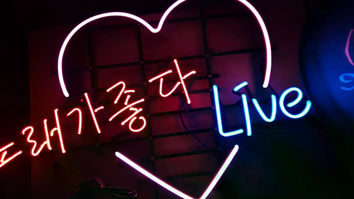 노래가좋다 Live 문구가 핑크색 하트 안에 들어간 노래방네온사인 문구