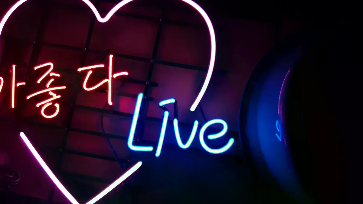 핑크색 하트 안에 노래가좋다와 Live가 들어간 노래방네온사인