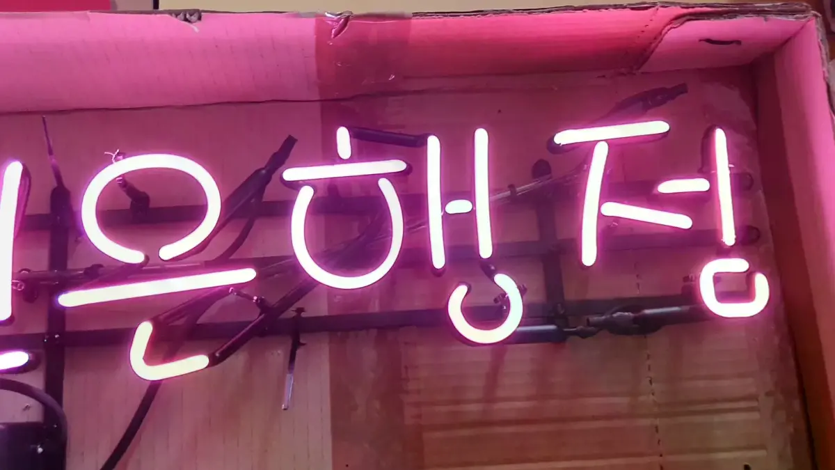 은행 네온사인 대전은행정 핑크색과 녹색 문구의 조화